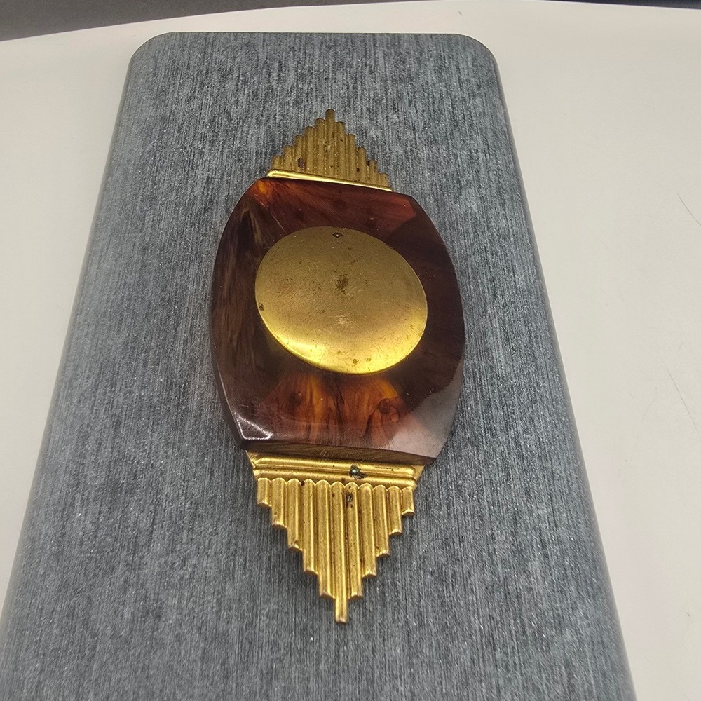 Vintage Estate Brooch Brown Art Deco Celluloid Rootbeer Gold Tone 3.25in